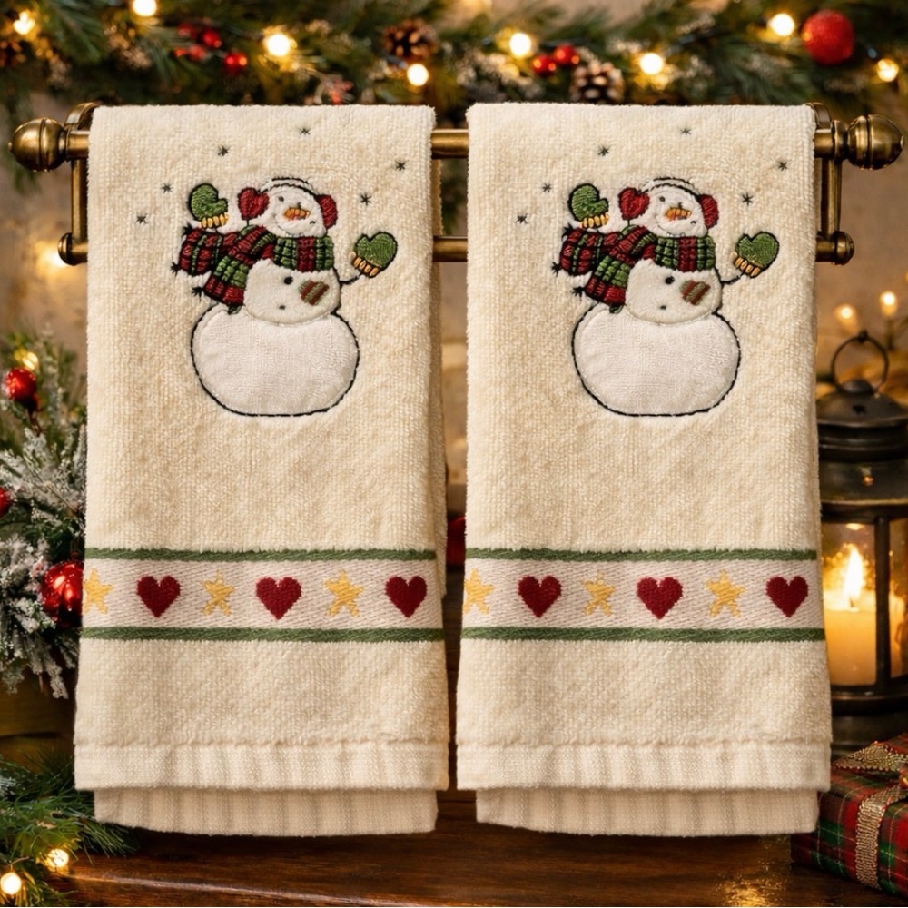 Vintage Christmas Hand Towels Set of 2 Embroidered Snowman Holiday Bathroom